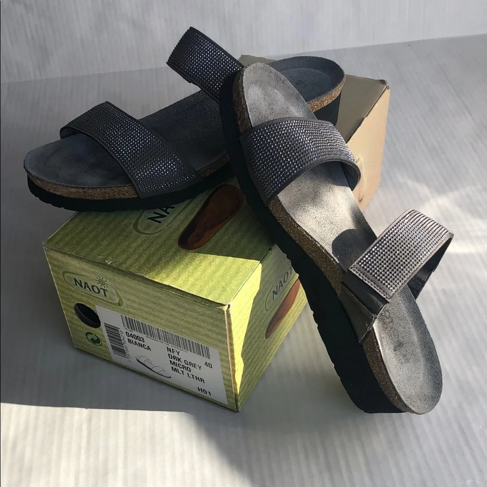 NAOT Bianca Dark Gray Wedge Sandals with Tiny Silver Studs Size 40